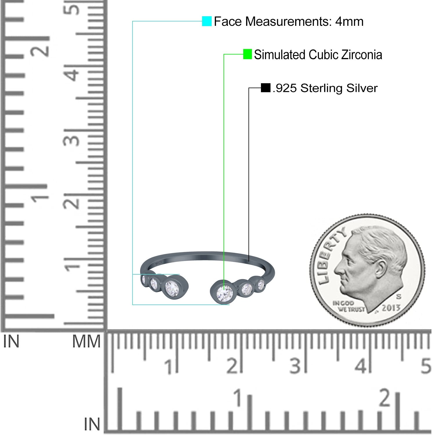 Half Eternity Ring Band Bezel Set Round Simulated Cubic Zirconia 925 Sterling Silver (4mm)