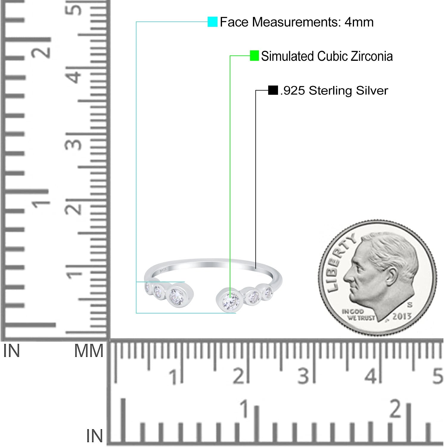 Half Eternity Ring Band Bezel Set Round Simulated Cubic Zirconia 925 Sterling Silver (4mm)