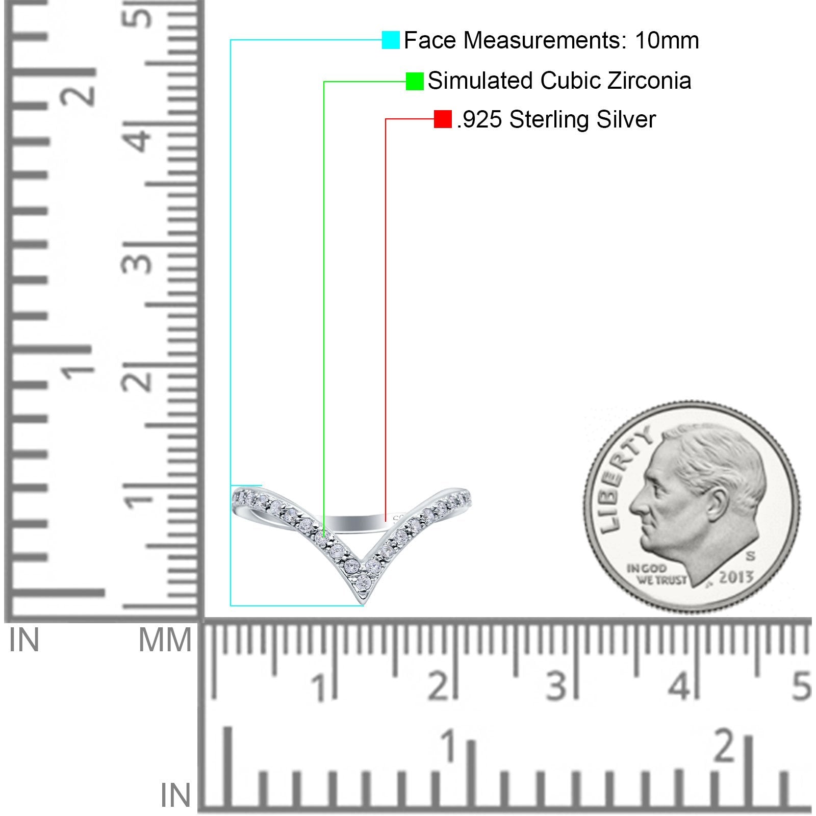 Half Eternity V Chevron Midi Ring Simulated Cubic Zirconia 925 Sterling Silver