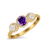 Halo Three Stone Wedding Ring Round Simulated Cubic Zirconia 925 Sterling Silver