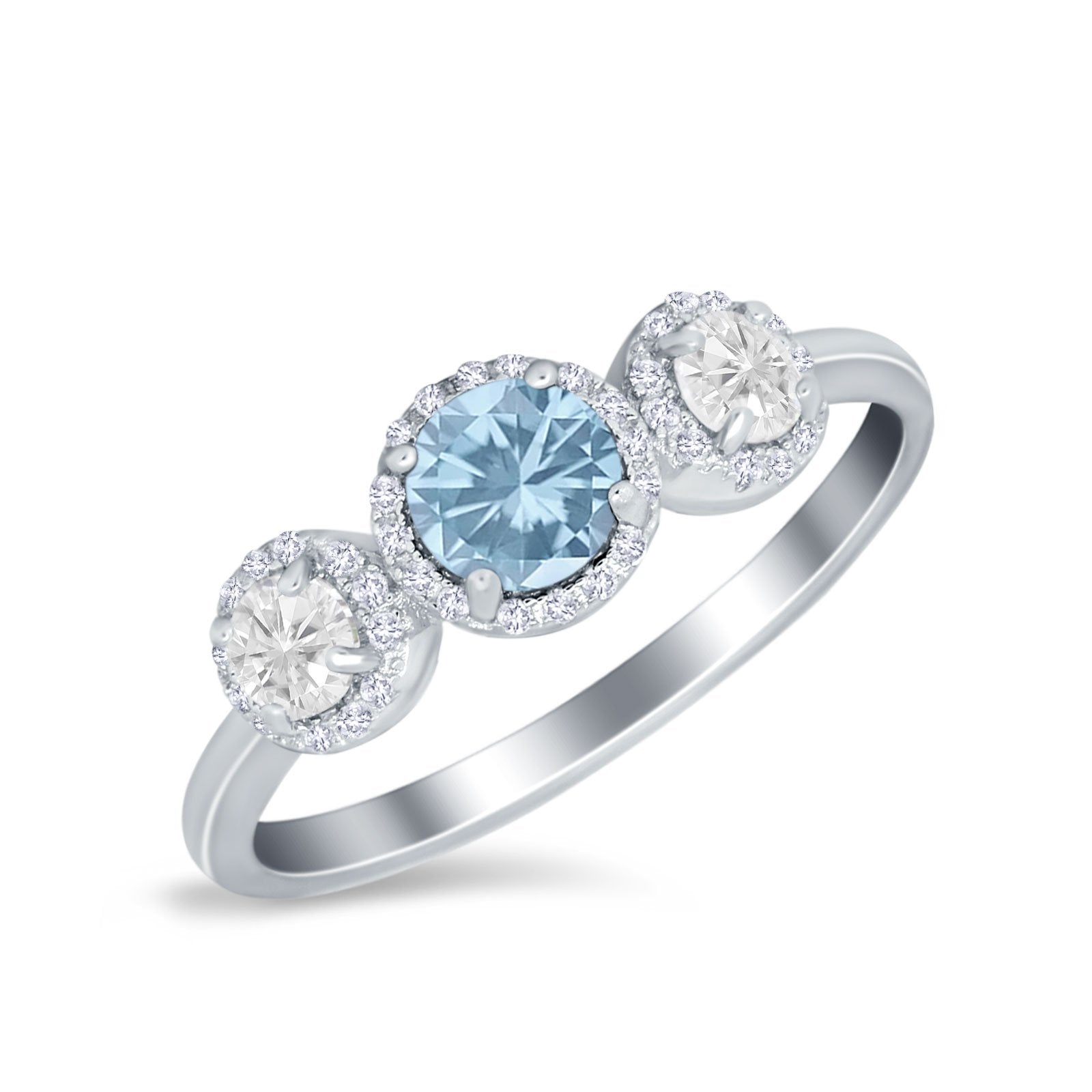 Halo Three Stone Wedding Ring Round Simulated Cubic Zirconia 925 Sterling Silver
