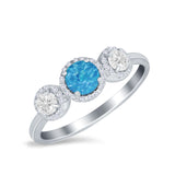 Halo Three Stone Wedding Ring Round Simulated Cubic Zirconia 925 Sterling Silver