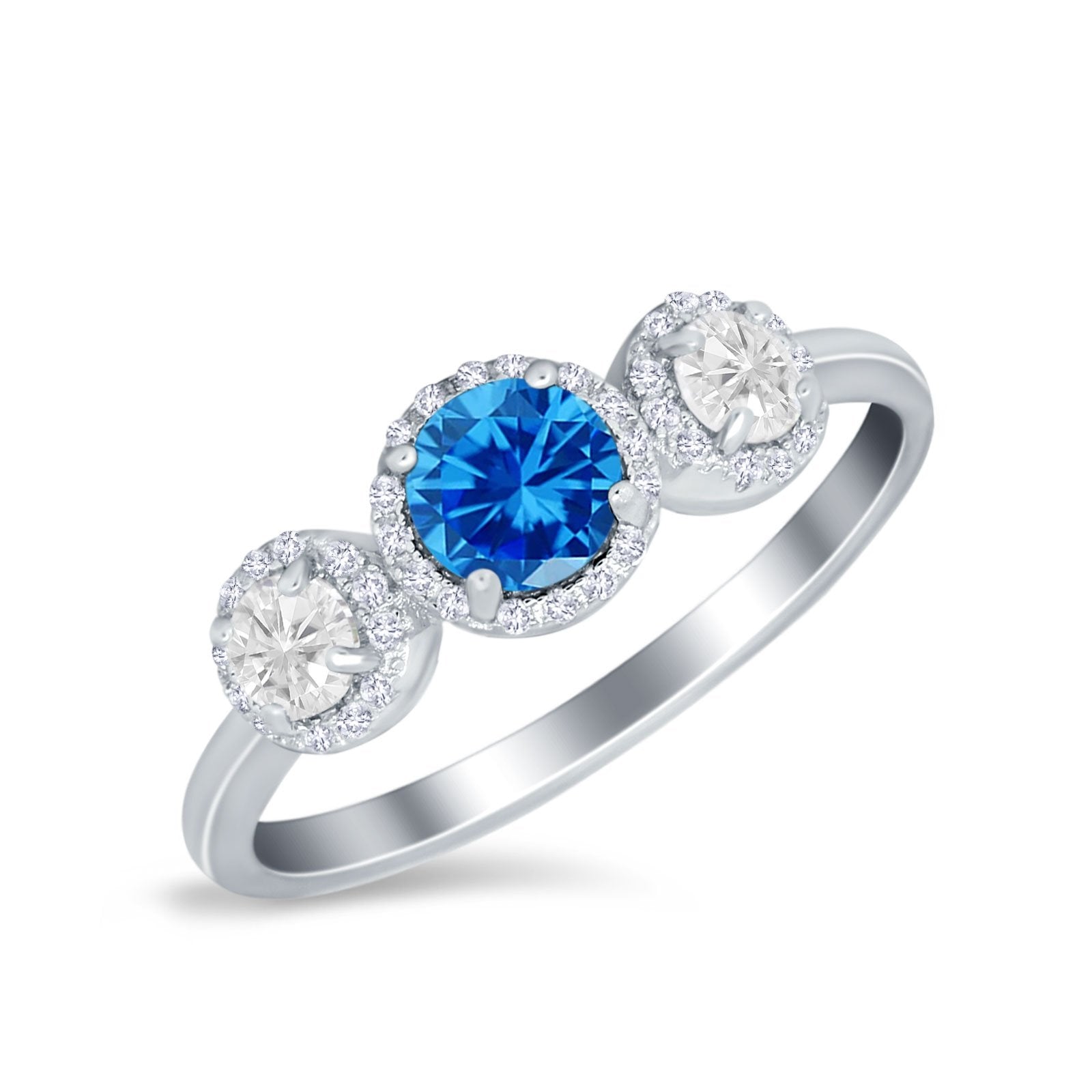 Halo Three Stone Wedding Ring Round Simulated Cubic Zirconia 925 Sterling Silver
