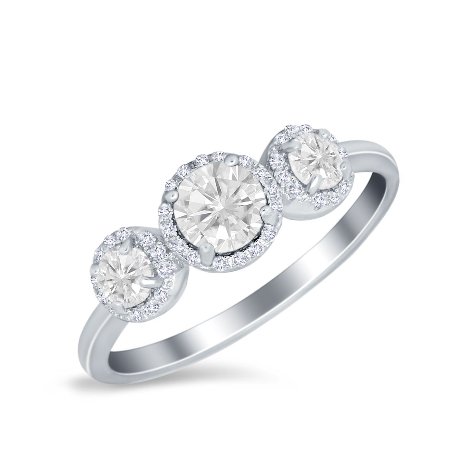 Halo Three Stone Wedding Ring Round Simulated Cubic Zirconia 925 Sterling Silver