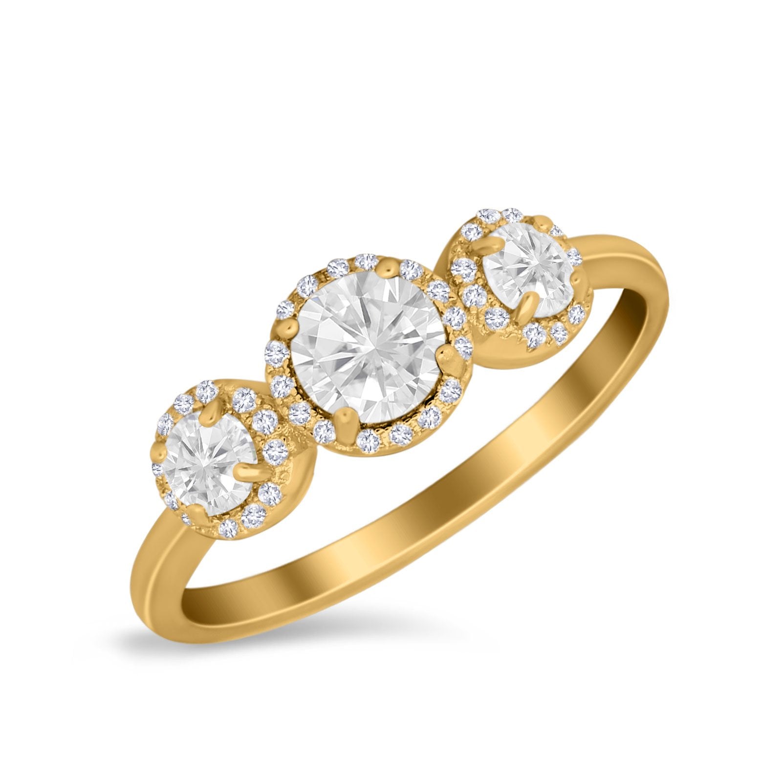 Halo Three Stone Wedding Ring Round Simulated Cubic Zirconia 925 Sterling Silver