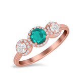 Halo Three Stone Wedding Ring Round Simulated Cubic Zirconia 925 Sterling Silver