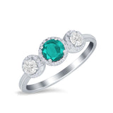 Halo Three Stone Wedding Ring Round Simulated Cubic Zirconia 925 Sterling Silver