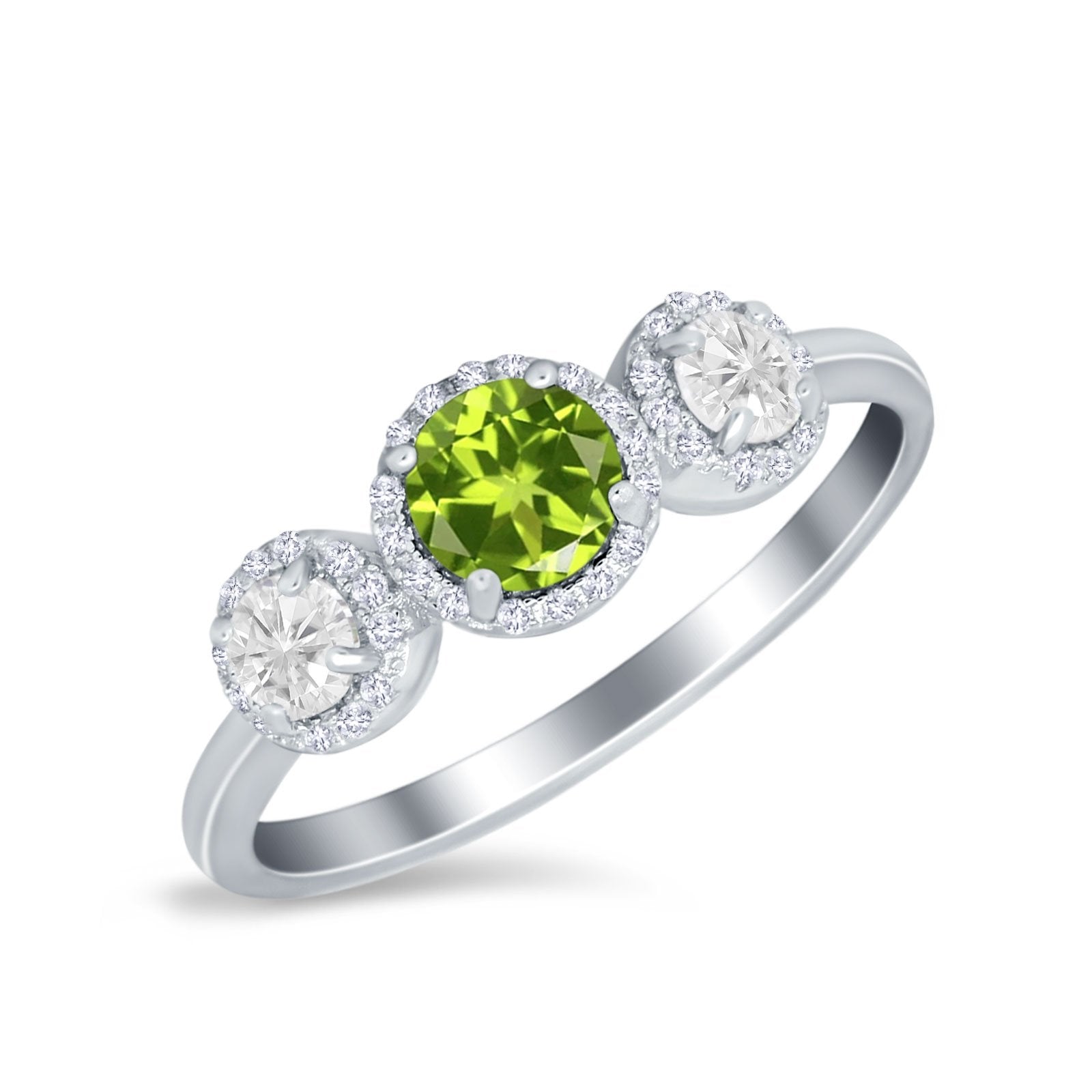 Halo Three Stone Wedding Ring Round Simulated Cubic Zirconia 925 Sterling Silver