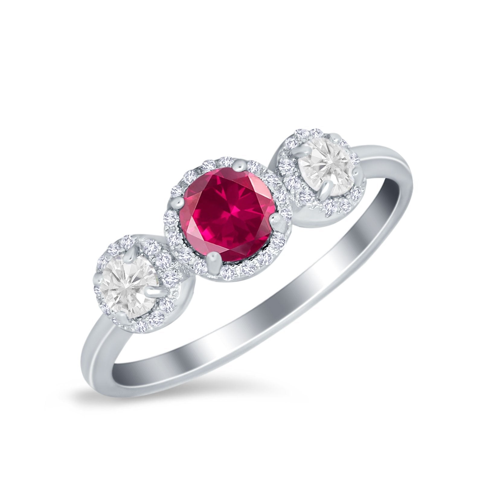 Halo Three Stone Wedding Ring Round Simulated Cubic Zirconia 925 Sterling Silver