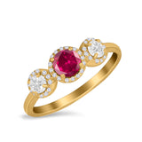 Halo Three Stone Wedding Ring Round Simulated Cubic Zirconia 925 Sterling Silver