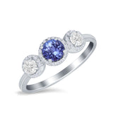 Halo Three Stone Wedding Ring Round Simulated Cubic Zirconia 925 Sterling Silver