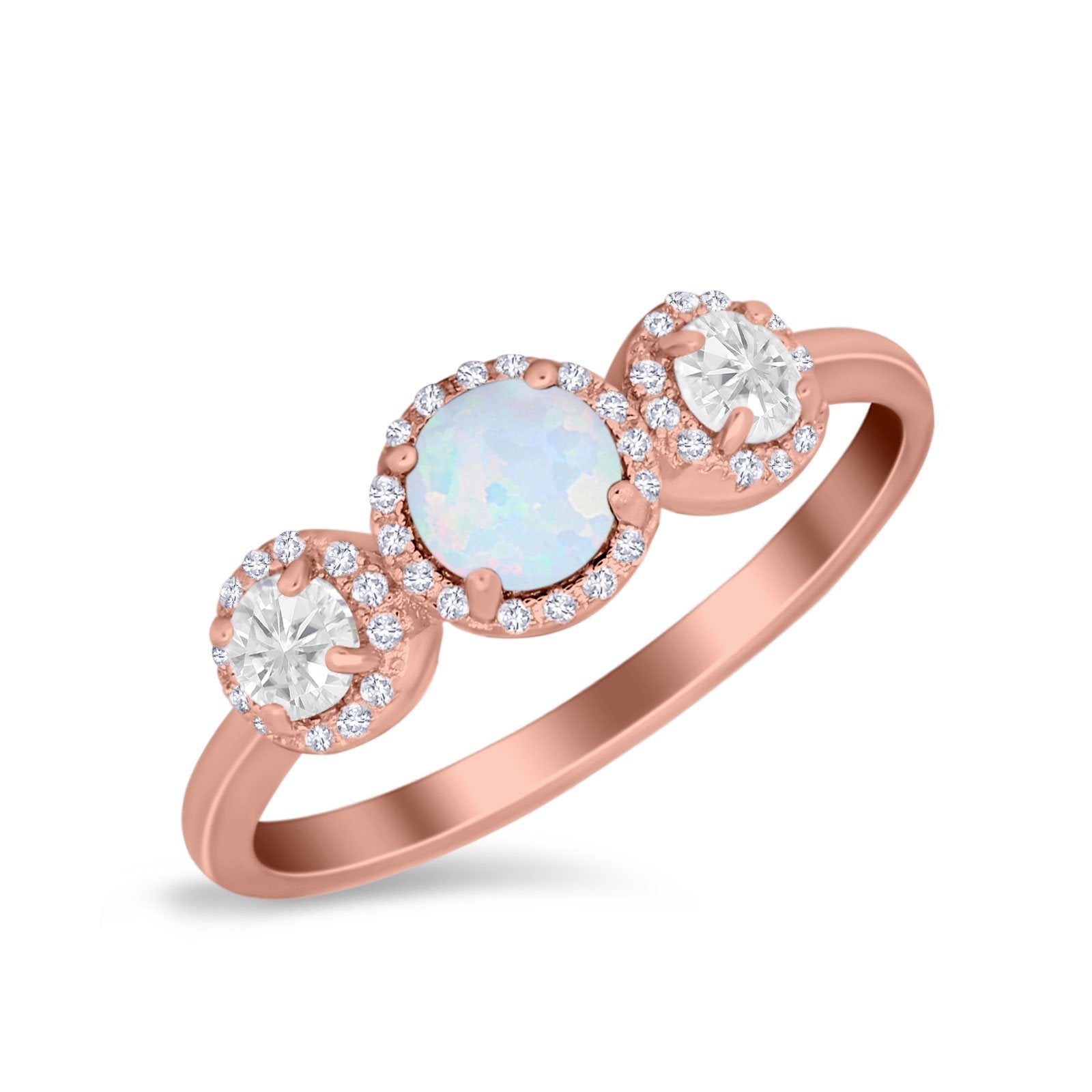 Halo Three Stone Wedding Ring Round Simulated Cubic Zirconia 925 Sterling Silver