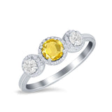 Halo Three Stone Wedding Ring Round Simulated Cubic Zirconia 925 Sterling Silver