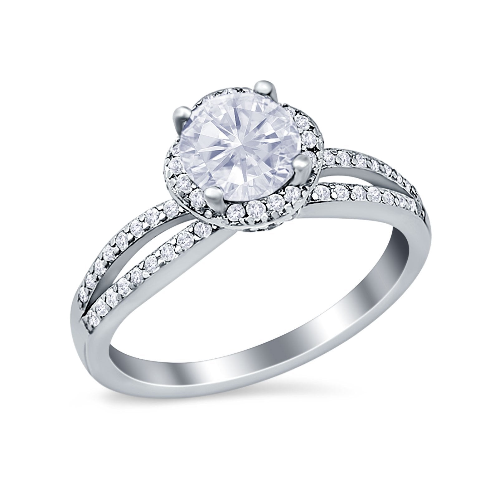 Halo Art Deco Wedding Ring Round Simulated Cubic Zirconia 925 Sterling Silver