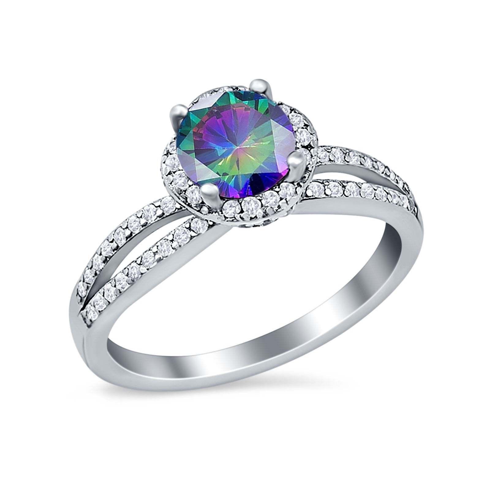 Halo Art Deco Wedding Ring Round Simulated Cubic Zirconia 925 Sterling Silver