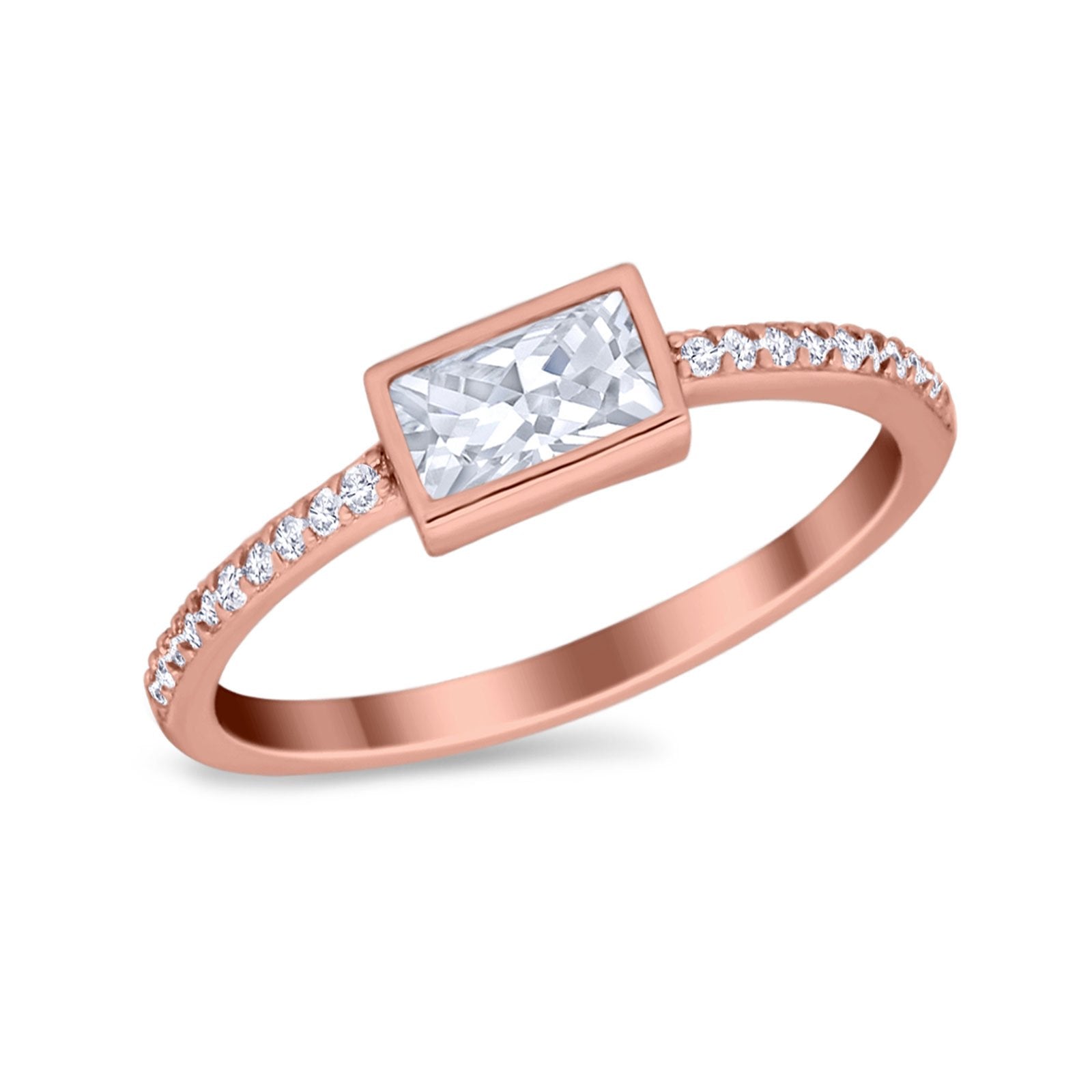 Accent Ring Emerald Cut Round Simulated Cubic Zirconia 925 Sterling Silver