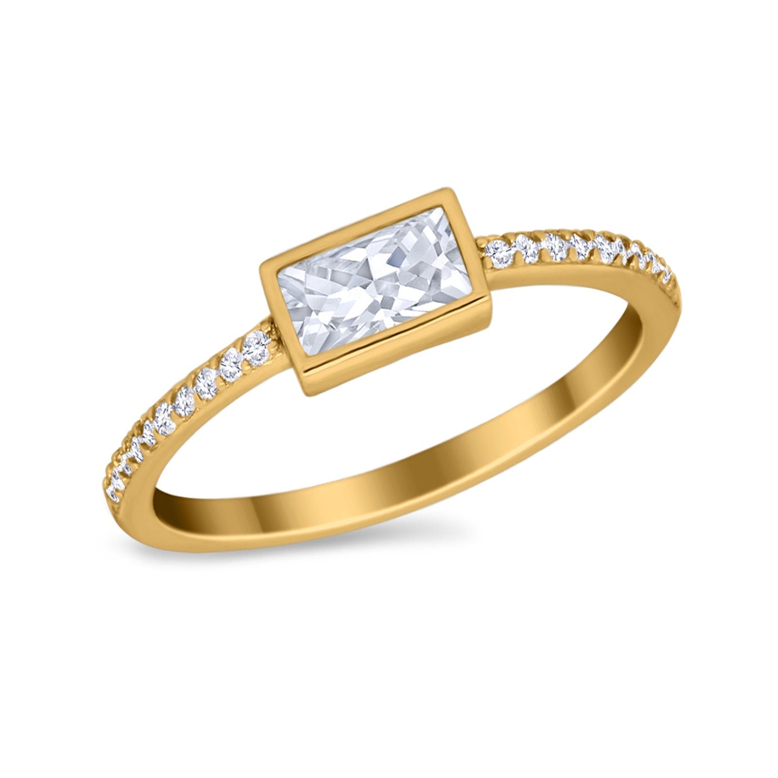 Accent Ring Emerald Cut Round Simulated Cubic Zirconia 925 Sterling Silver