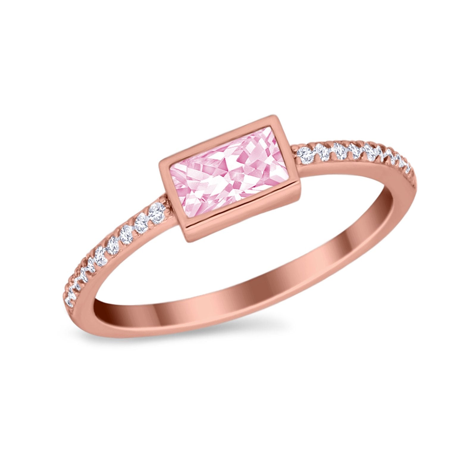 Accent Ring Emerald Cut Round Simulated Cubic Zirconia 925 Sterling Silver