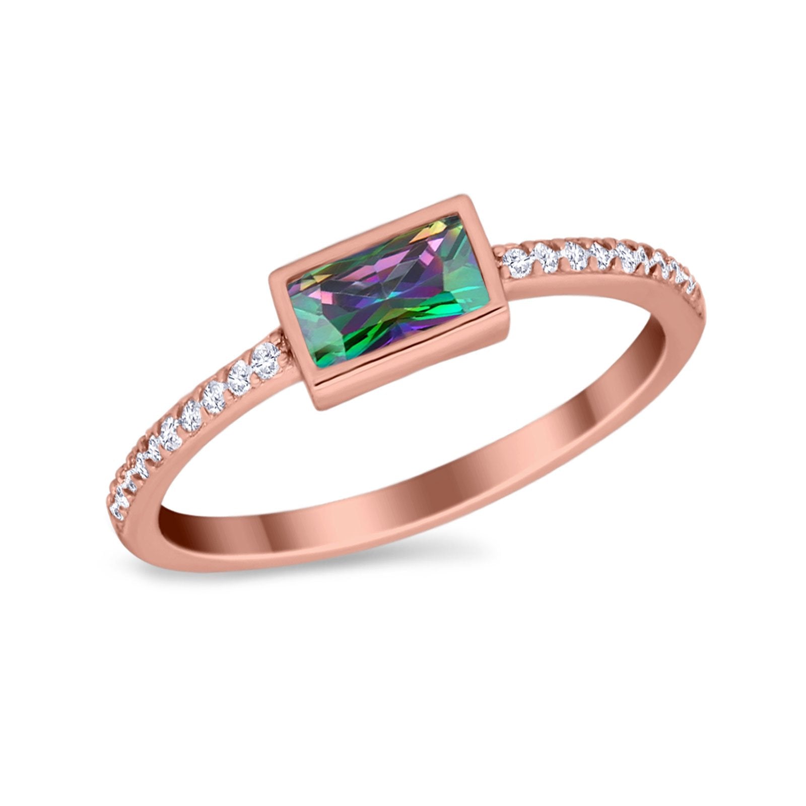 Accent Ring Emerald Cut Round Simulated Cubic Zirconia 925 Sterling Silver