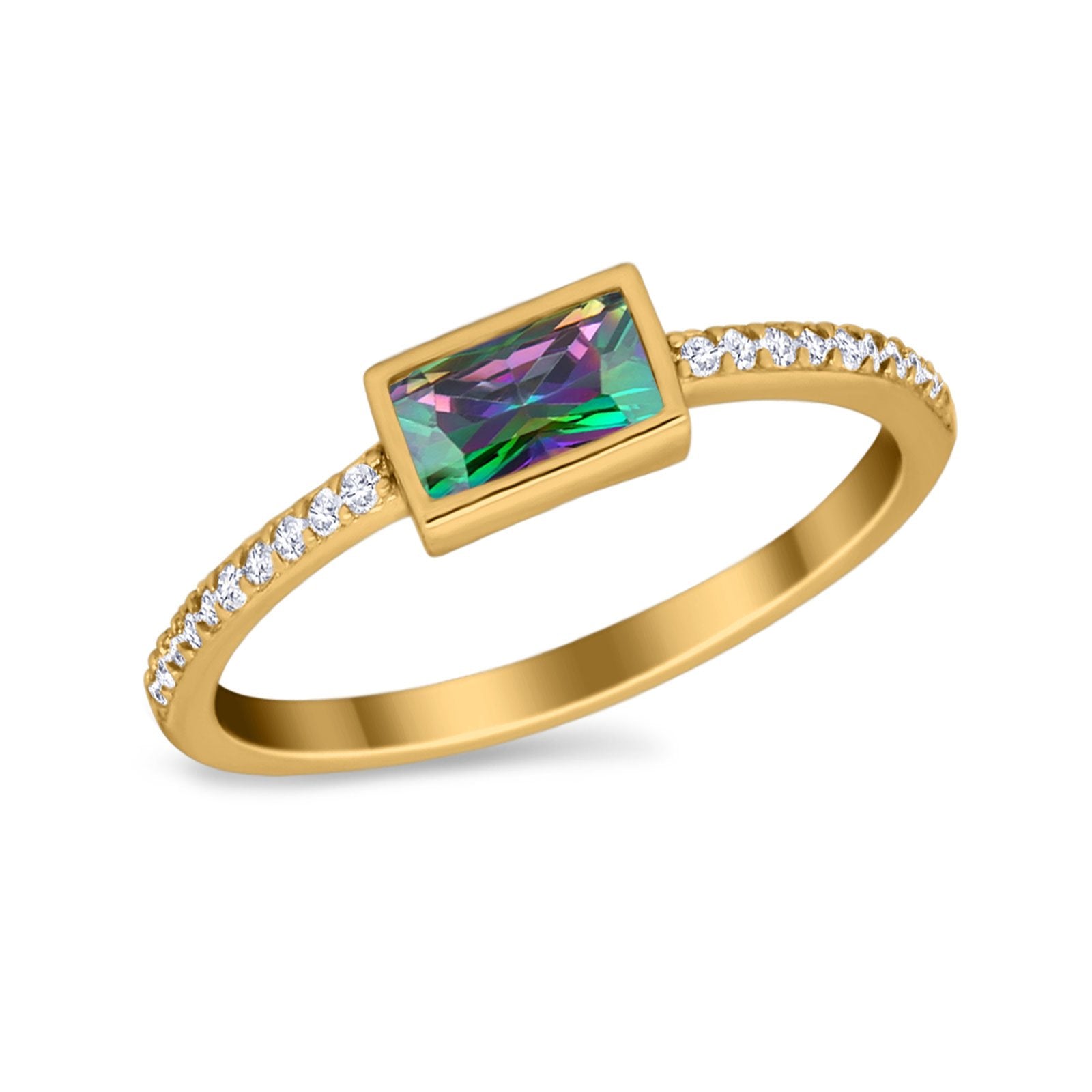 Accent Ring Emerald Cut Round Simulated Cubic Zirconia 925 Sterling Silver