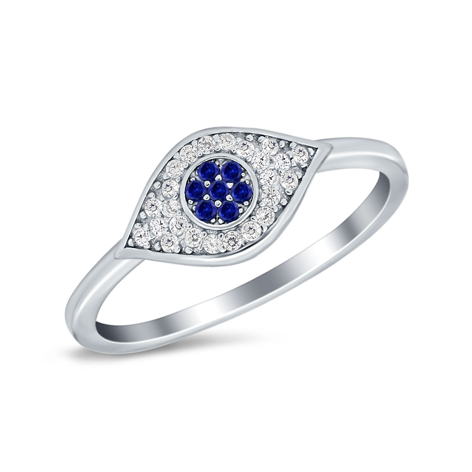 Evil Eye Ring Pave Simulated Blue Sapphire Cubic Zirconia 925 Sterling Silver