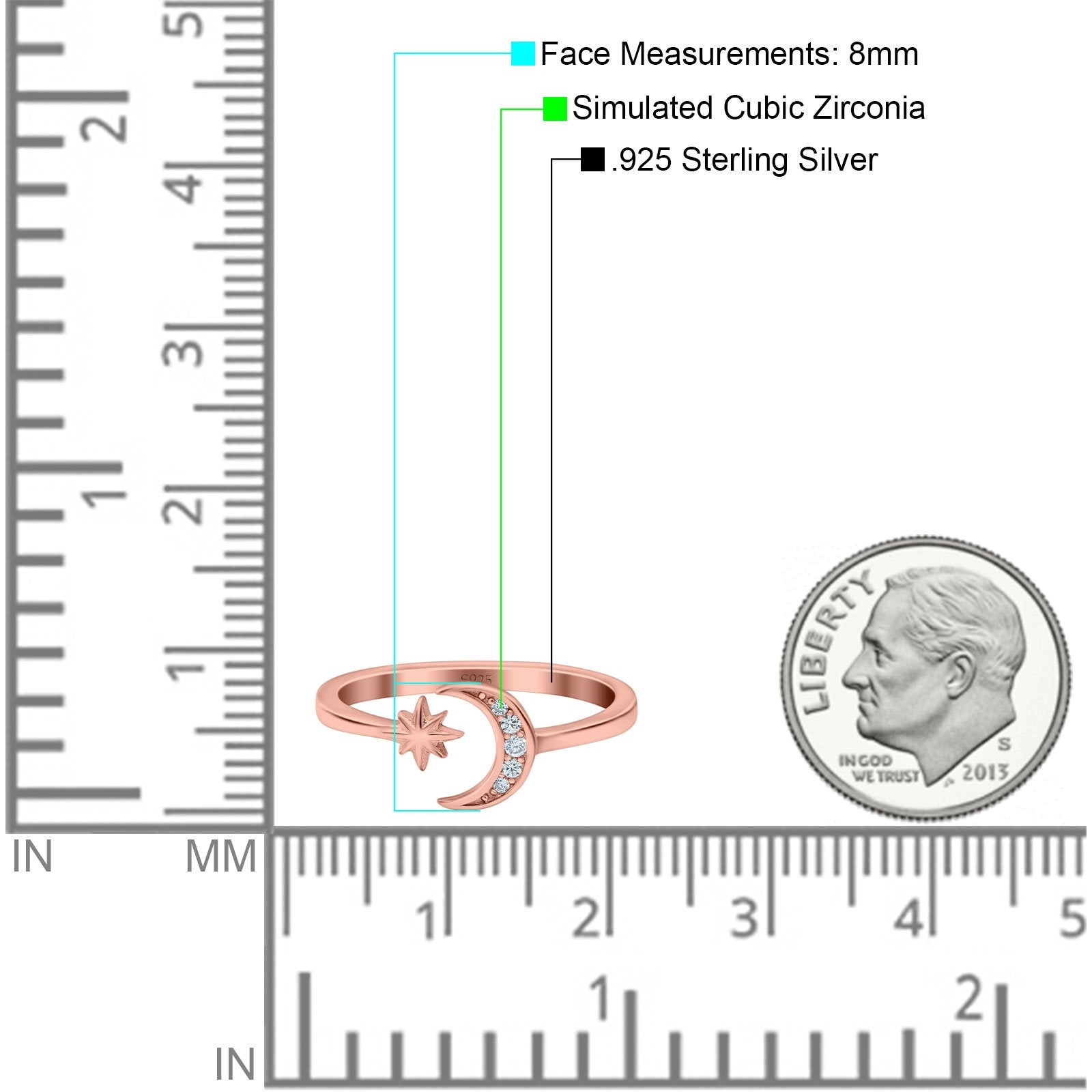 Moon & Star Wedding Band Ring Round Simulated Cubic Zirconia 925 Sterling Silver