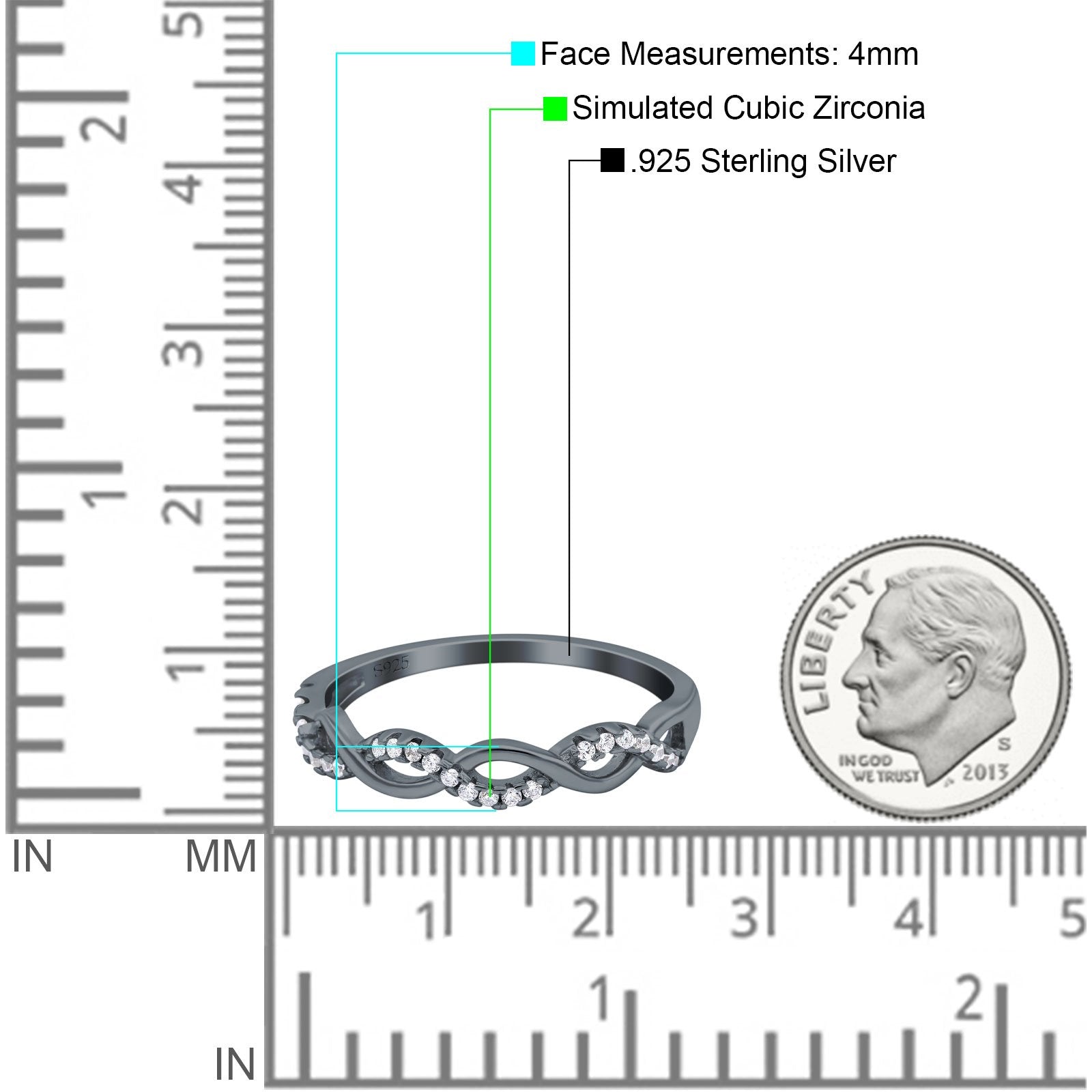 Half Eternity Infinity Twist Band Simulated Cubic Zirconia 925 Sterling Silver