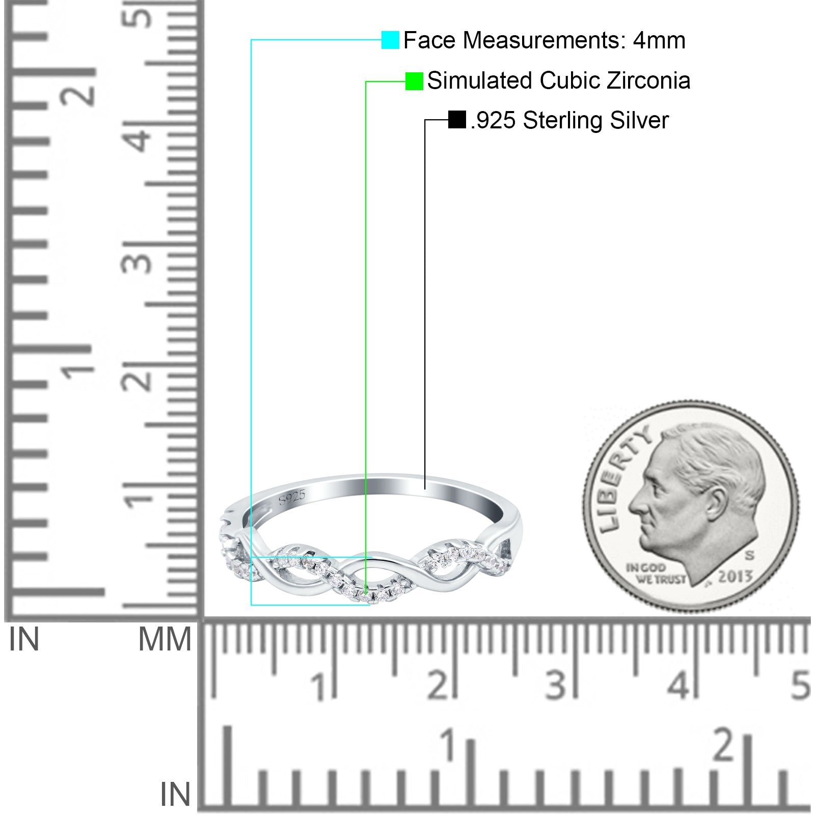 Half Eternity Infinity Twist Band Simulated Cubic Zirconia 925 Sterling Silver