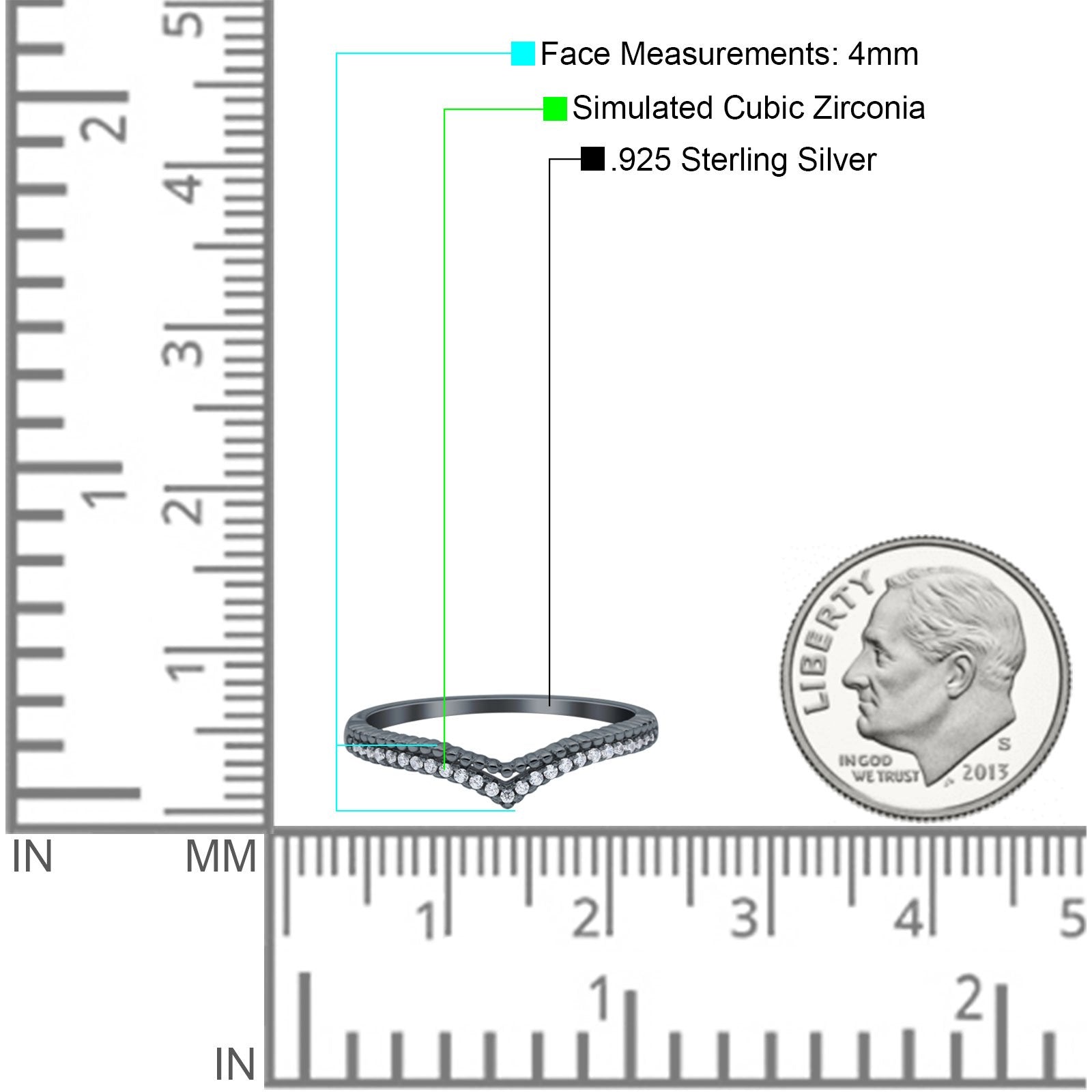 Art Deco Half Eternity Stackable Curved V Chevron Midi Band Wedding Engagement Ring Simulated Cubic Zirconia 925 Sterling Silver