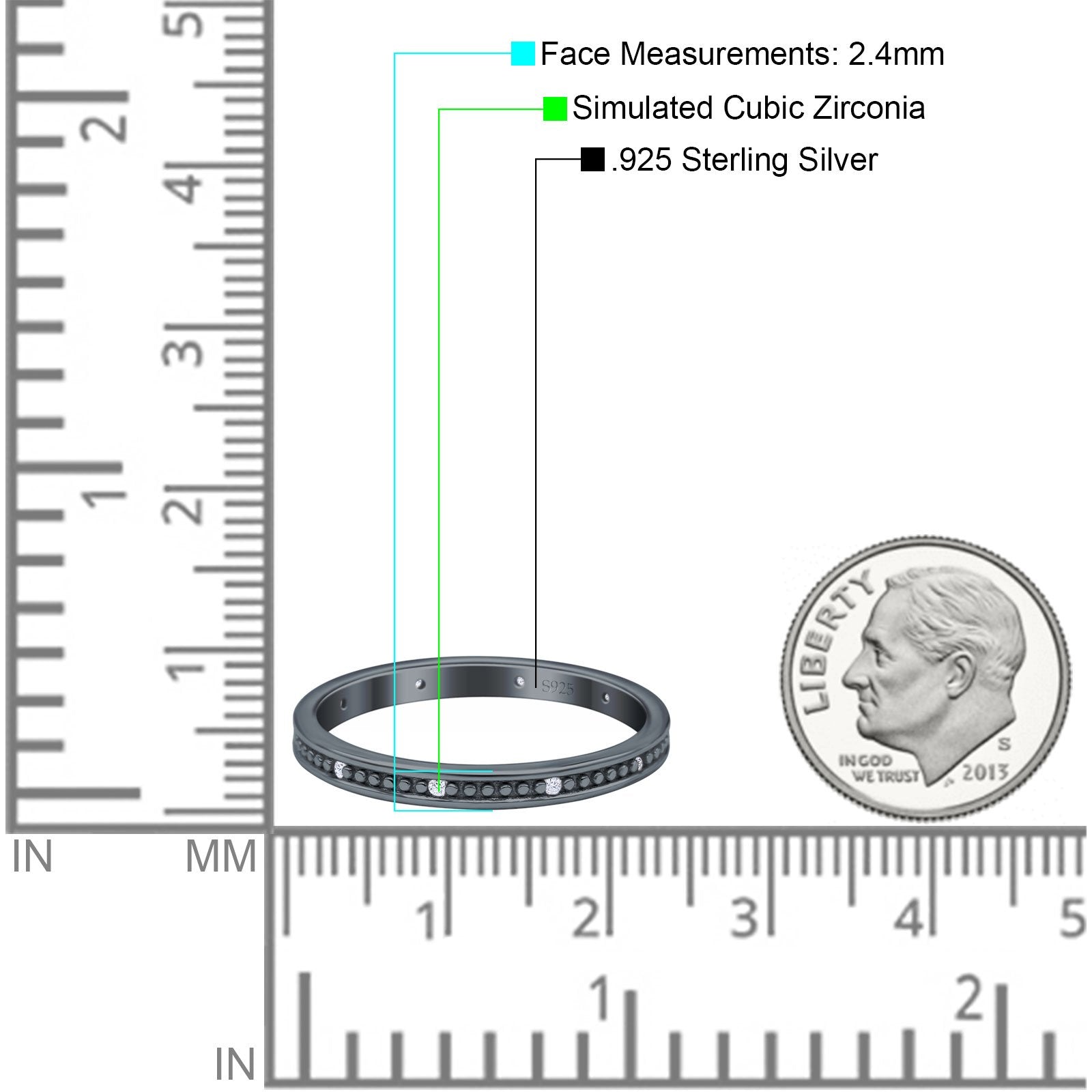 Eternity Ring Wedding Band Round Simulated Cubic Zirconia 925 Sterling Silver (2.4mm)
