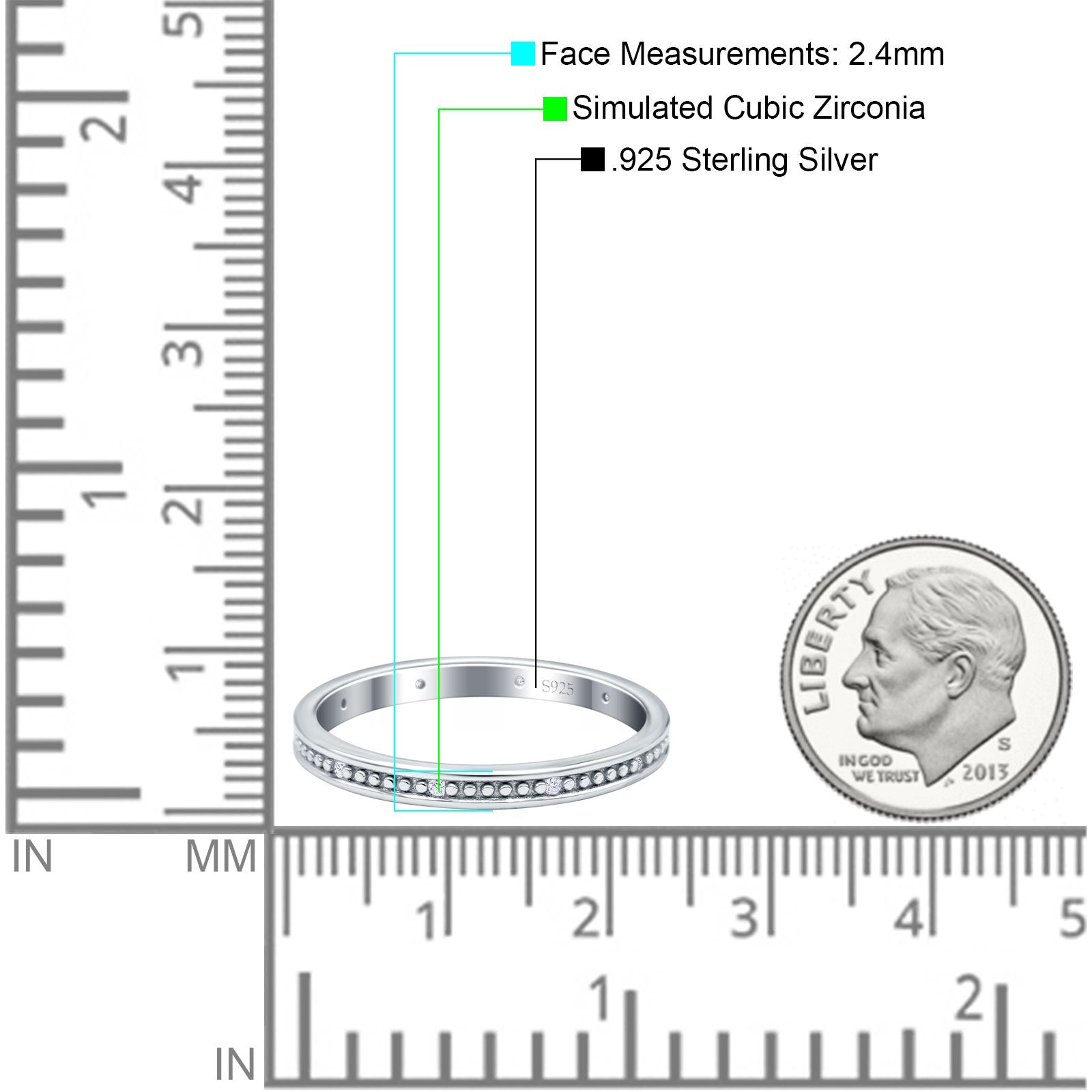Eternity Ring Wedding Band Round Simulated Cubic Zirconia 925 Sterling Silver (2.4mm)