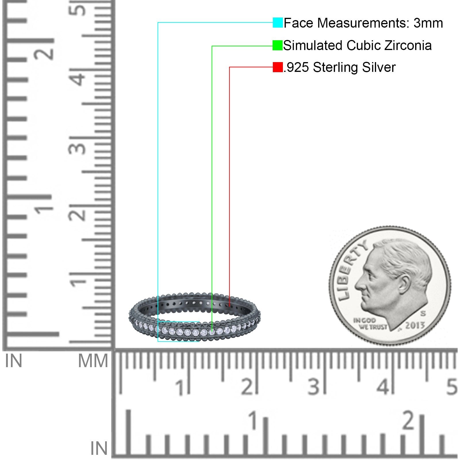 Full Eternity Band Wedding Ring Round Simulated Cubic Zirconia 925 Sterling Silver (3mm)