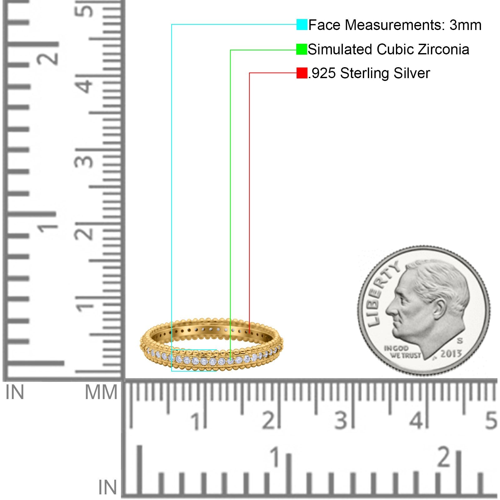 Full Eternity Band Wedding Ring Round Simulated Cubic Zirconia 925 Sterling Silver (3mm)