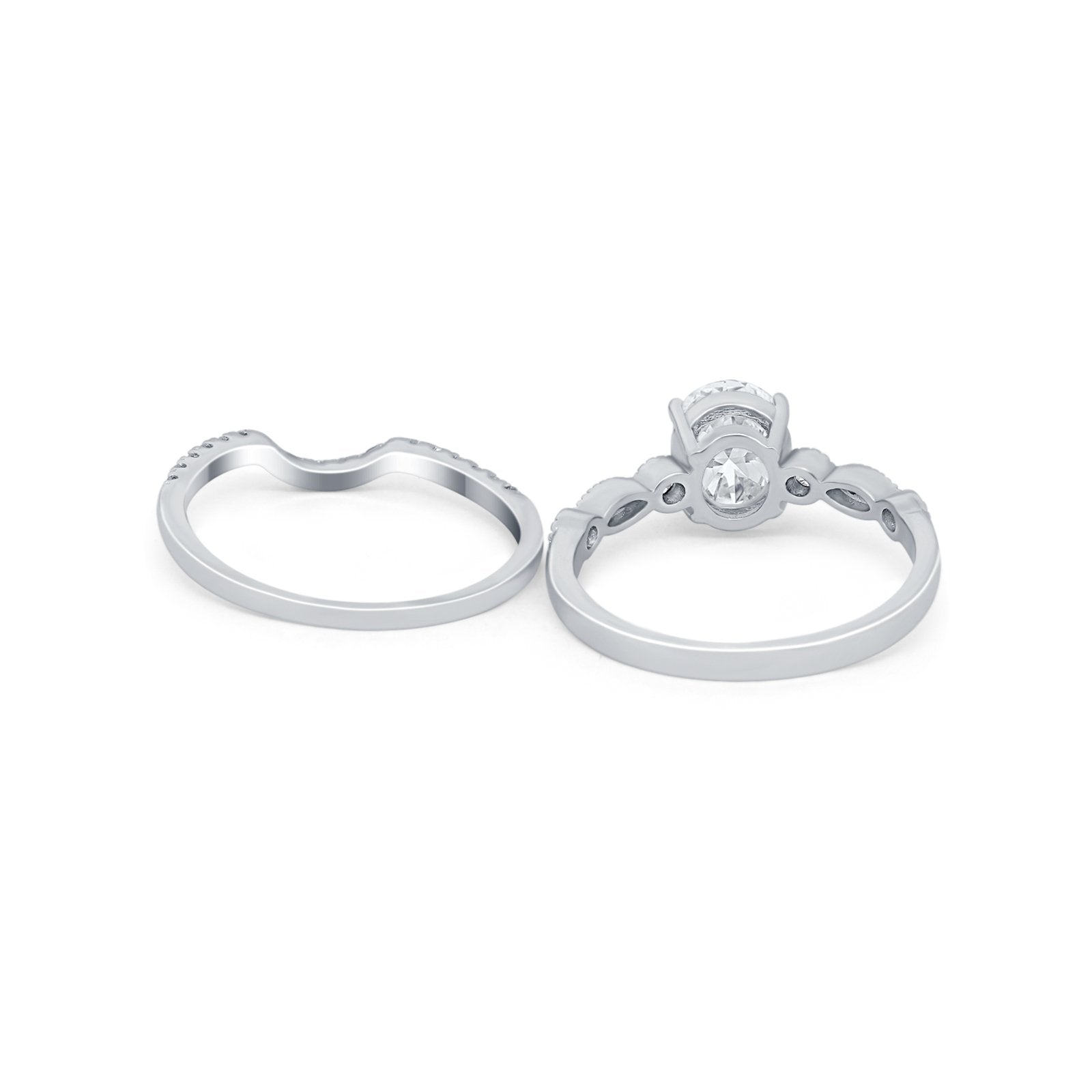 Two Piece Wedding Ring Band Round Simulated Cubic Zirconia 925 Sterling Silver
