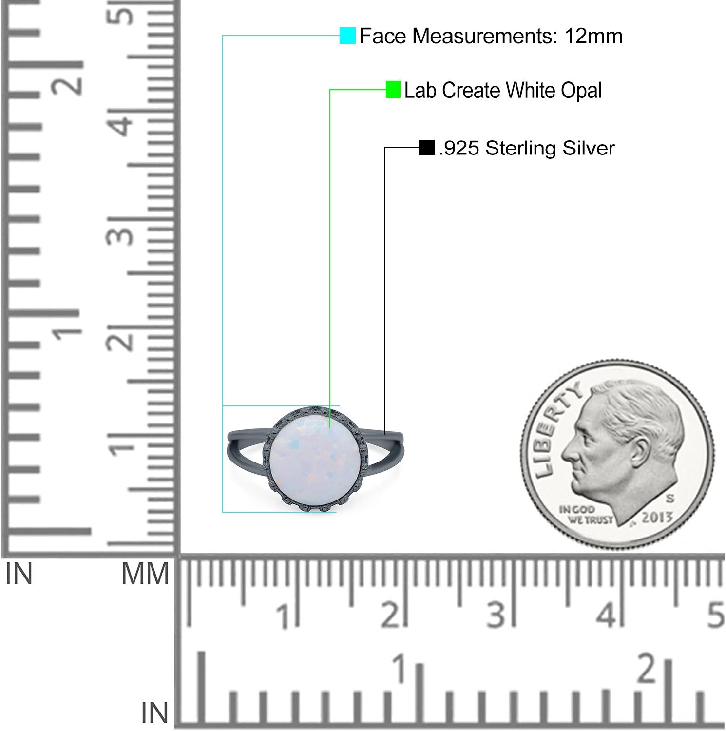 Split Shank Ring Band Round Lab Created Opal 925 Sterling Silver (12mm)