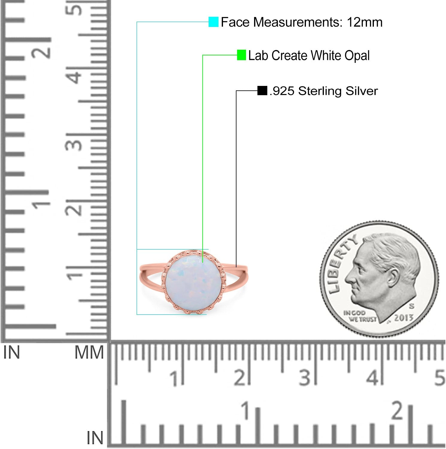 Split Shank Ring Band Round Lab Created Opal 925 Sterling Silver (12mm)