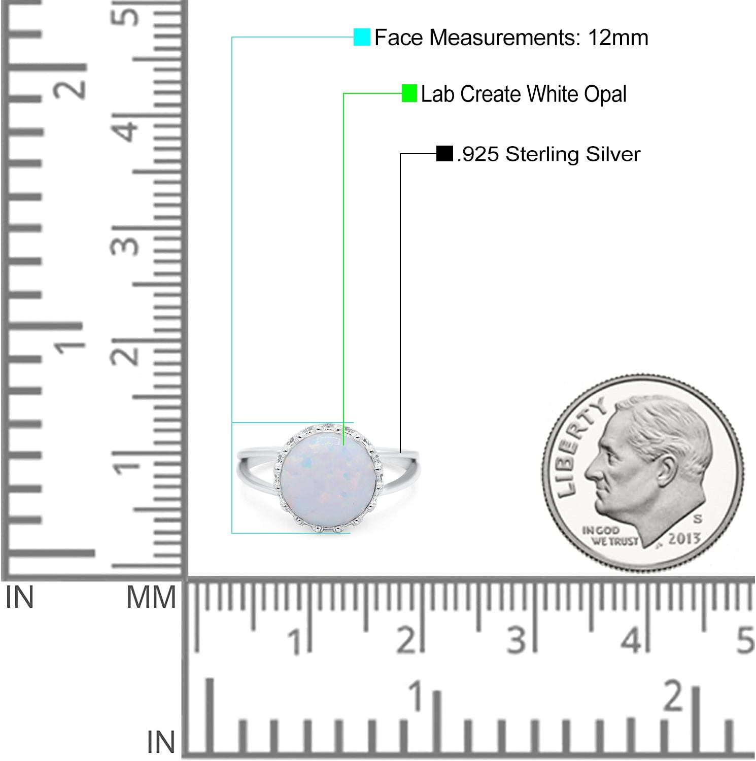 Split Shank Ring Band Round Lab Created Opal 925 Sterling Silver (12mm)