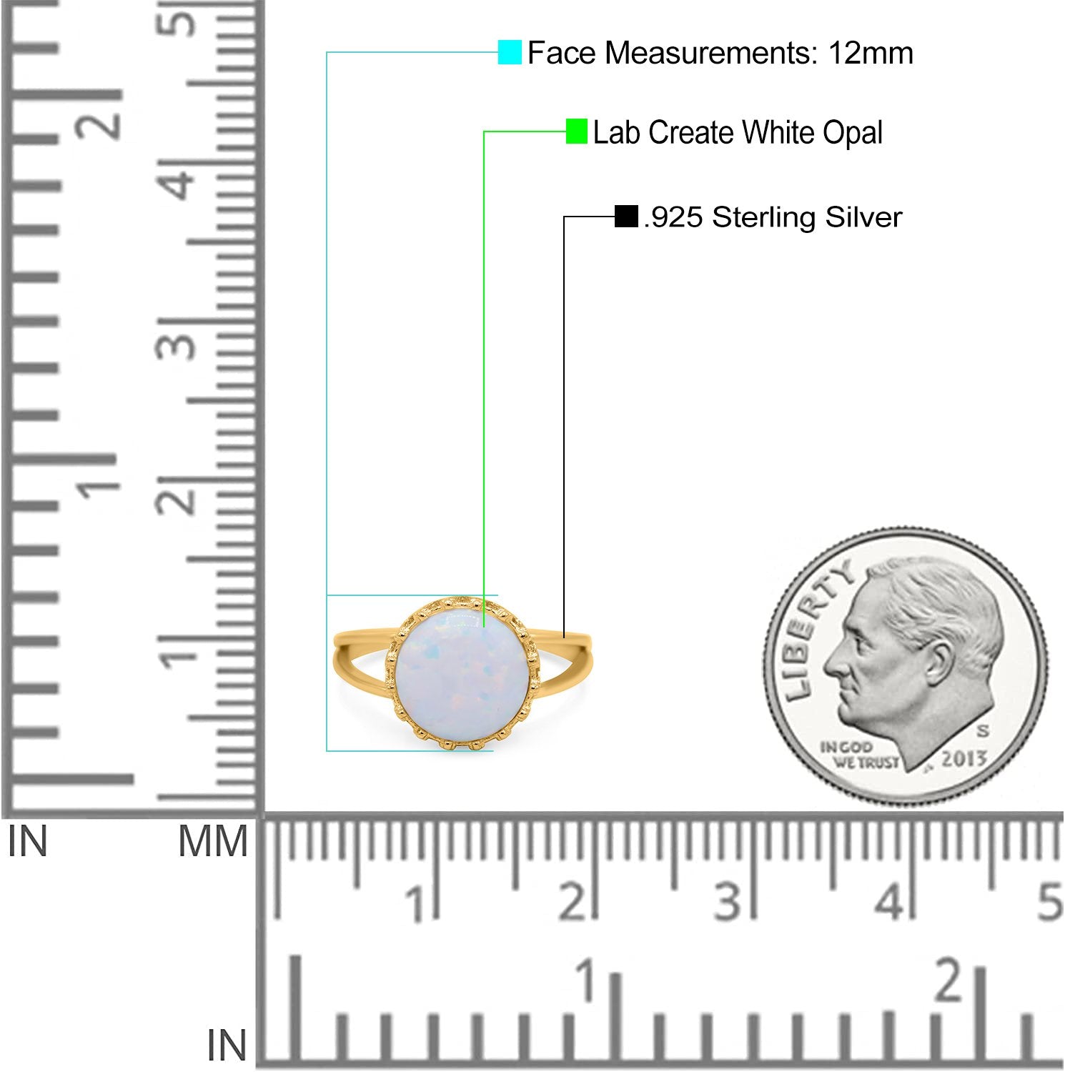 Split Shank Ring Band Round Lab Created Opal 925 Sterling Silver (12mm)
