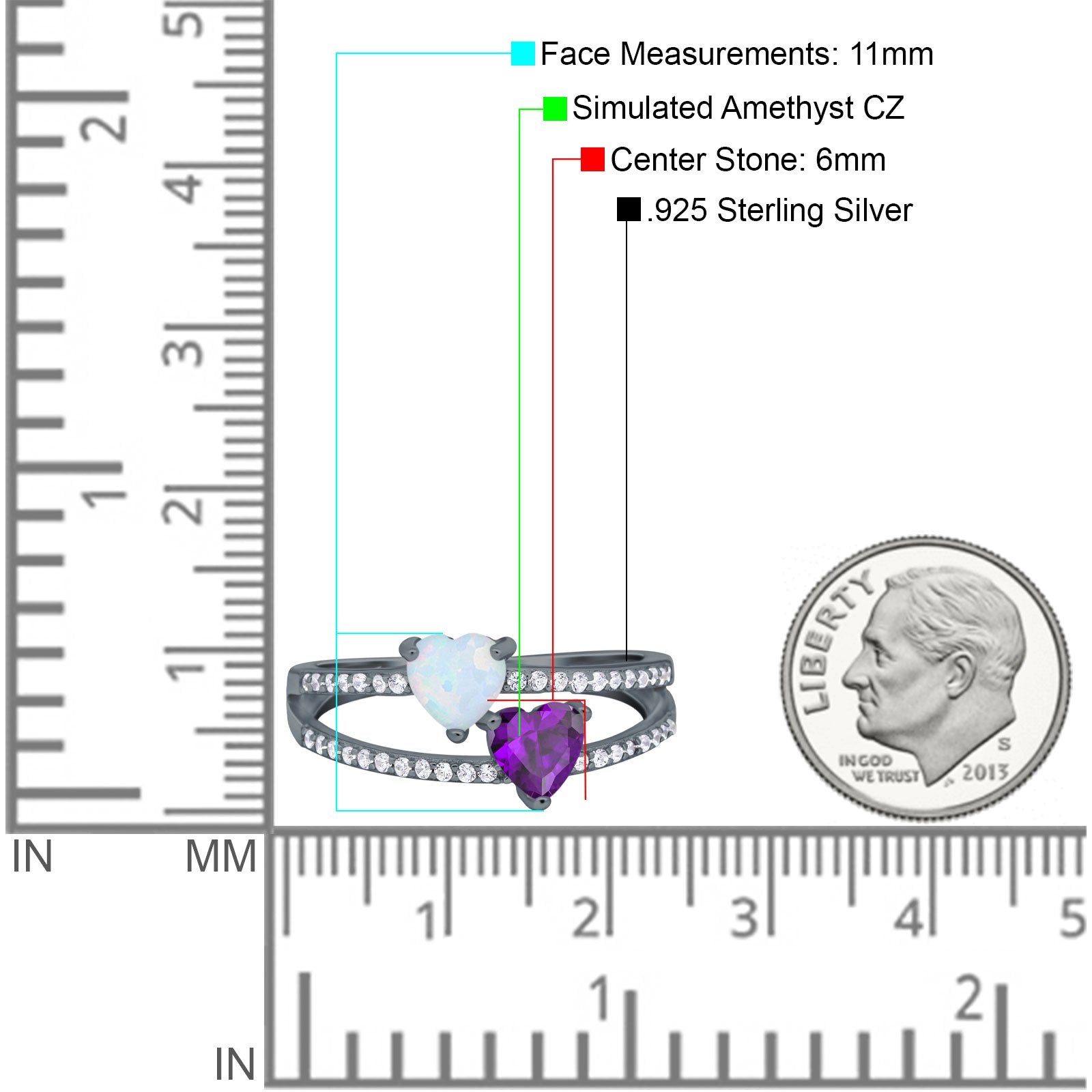 Heart Promise Ring Double Heart Created White Opal Round Simulated Cubic Zirconia 925 Sterling Silver