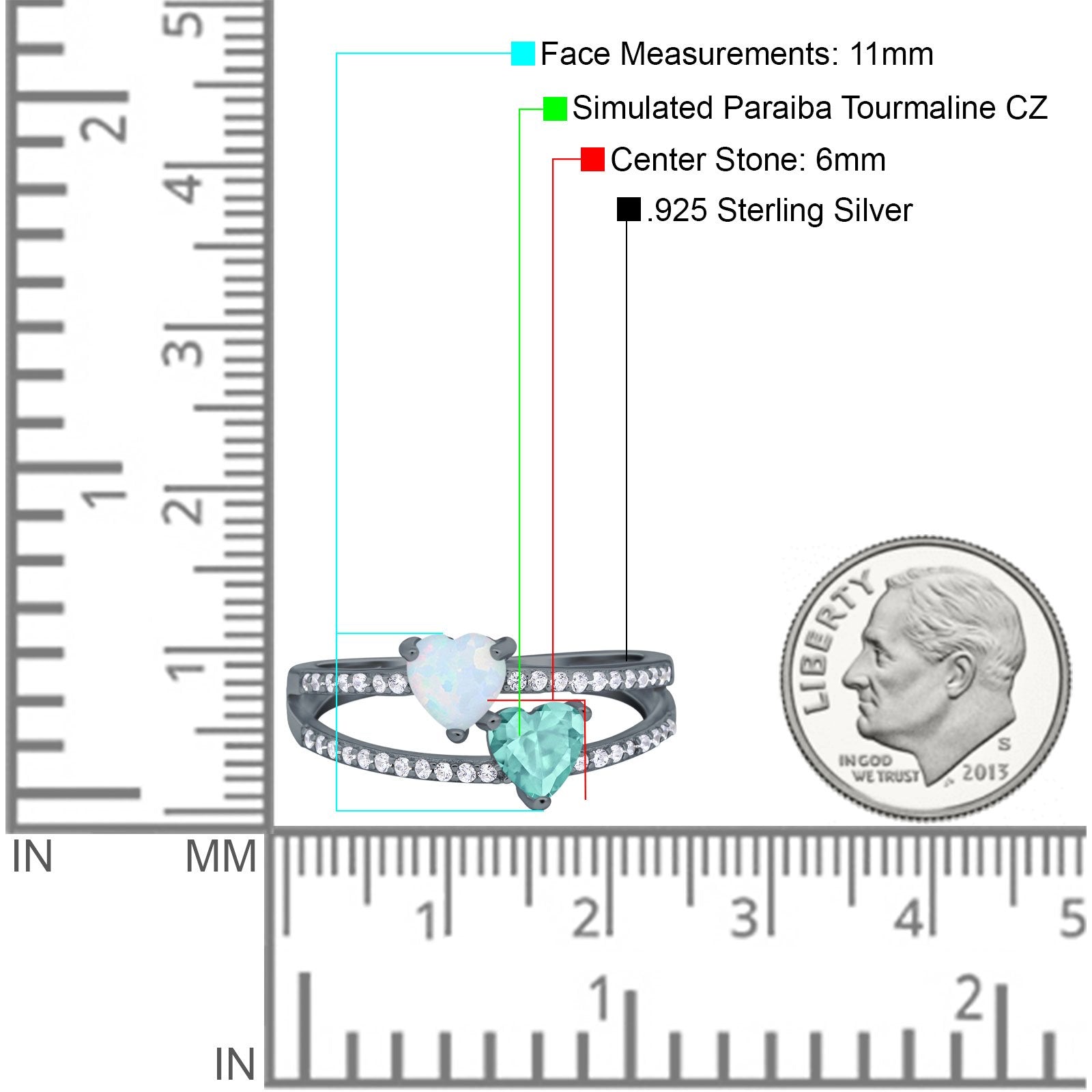 Heart Promise Ring Double Heart Created White Opal Round Simulated Cubic Zirconia 925 Sterling Silver