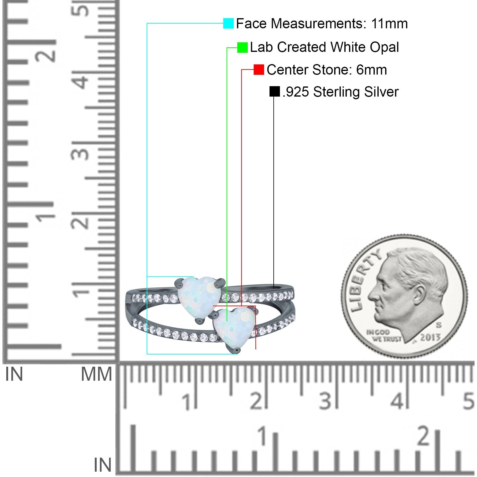 Heart Promise Ring Double Heart Created White Opal Round Simulated Cubic Zirconia 925 Sterling Silver