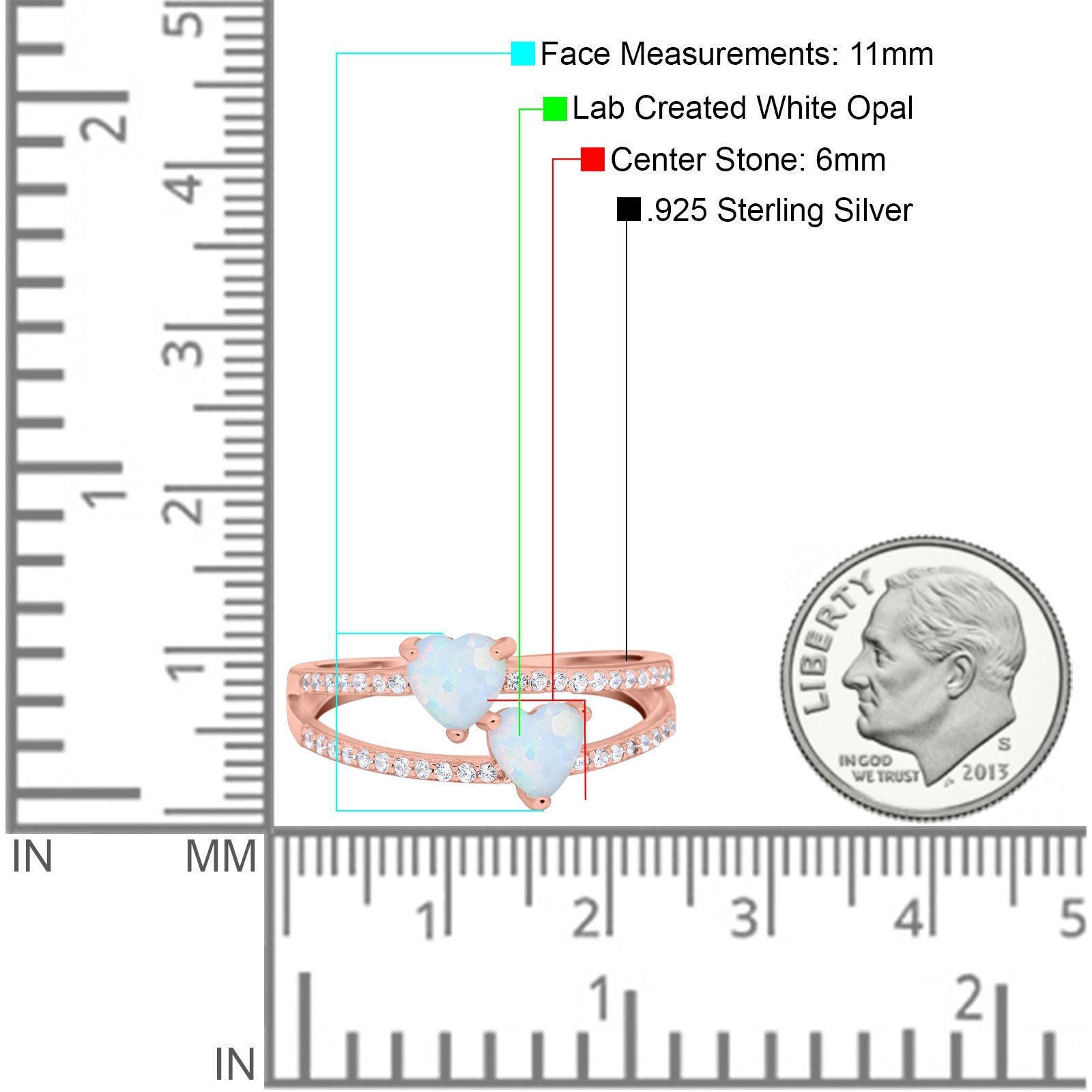 Heart Promise Ring Double Heart Created White Opal Round Simulated Cubic Zirconia 925 Sterling Silver