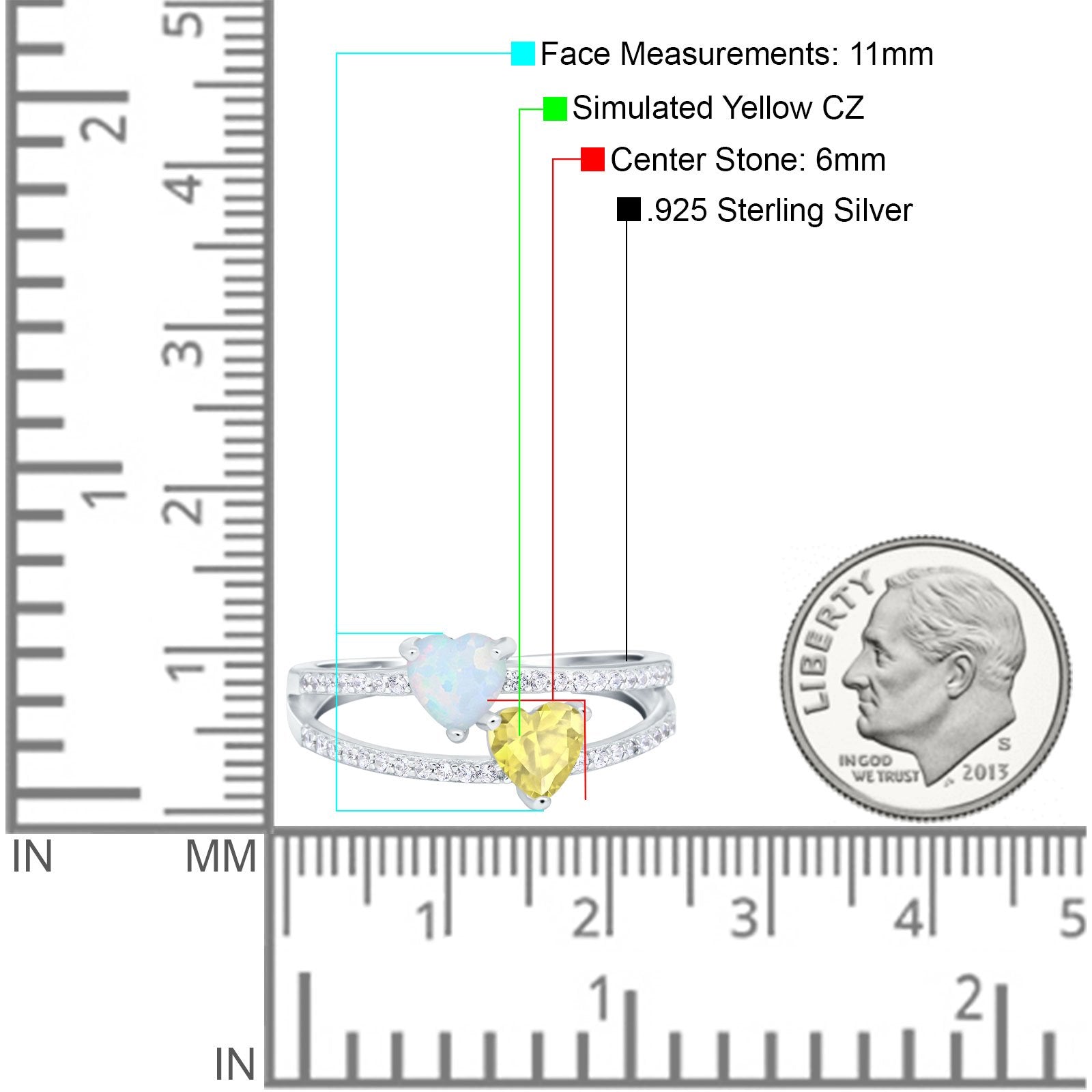 Heart Promise Ring Double Heart Created White Opal Round Simulated Cubic Zirconia 925 Sterling Silver