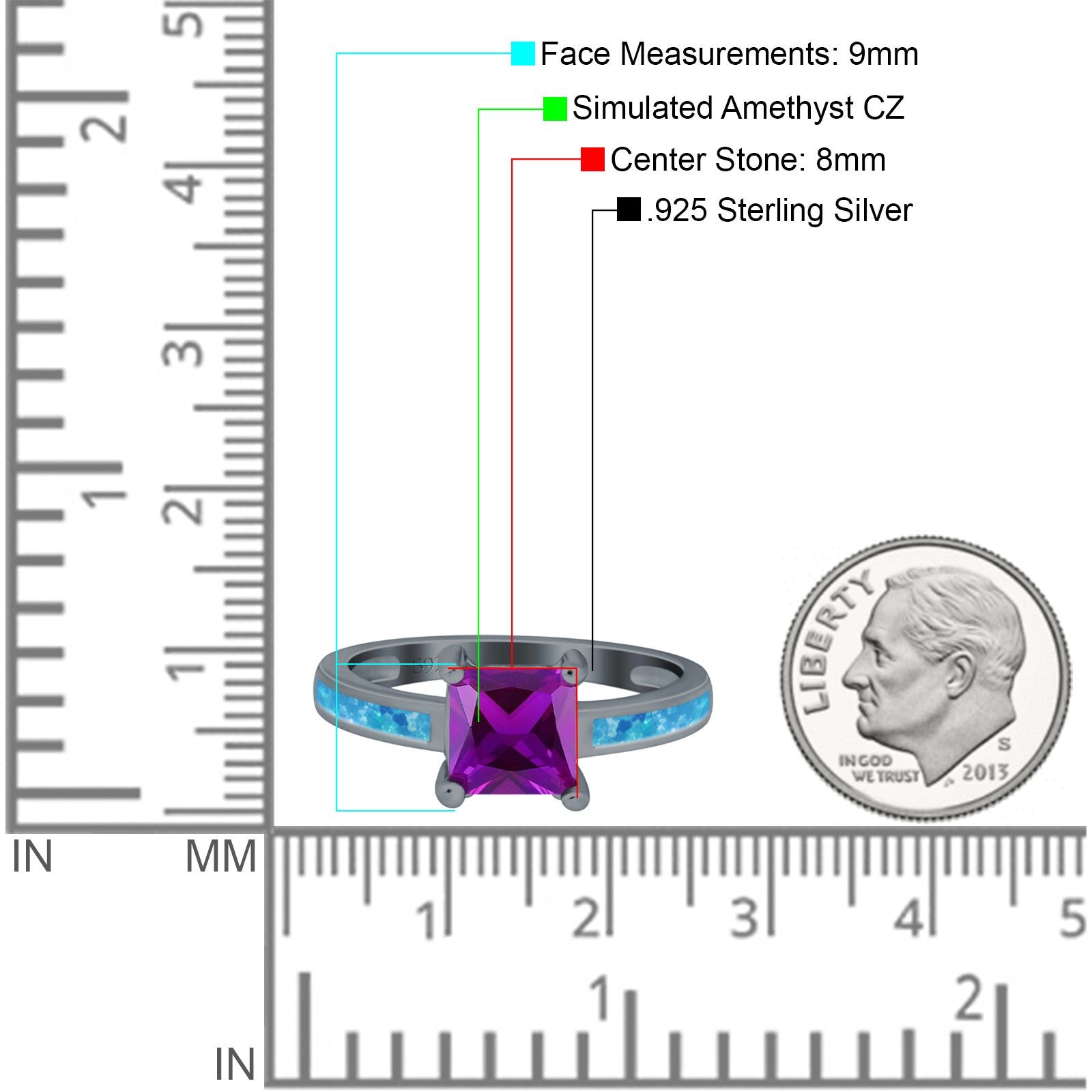 Solitaire Accent Fashion Ring Princess Cut Simulated Cubic Zirconia Created Opal 925 Sterling Silver