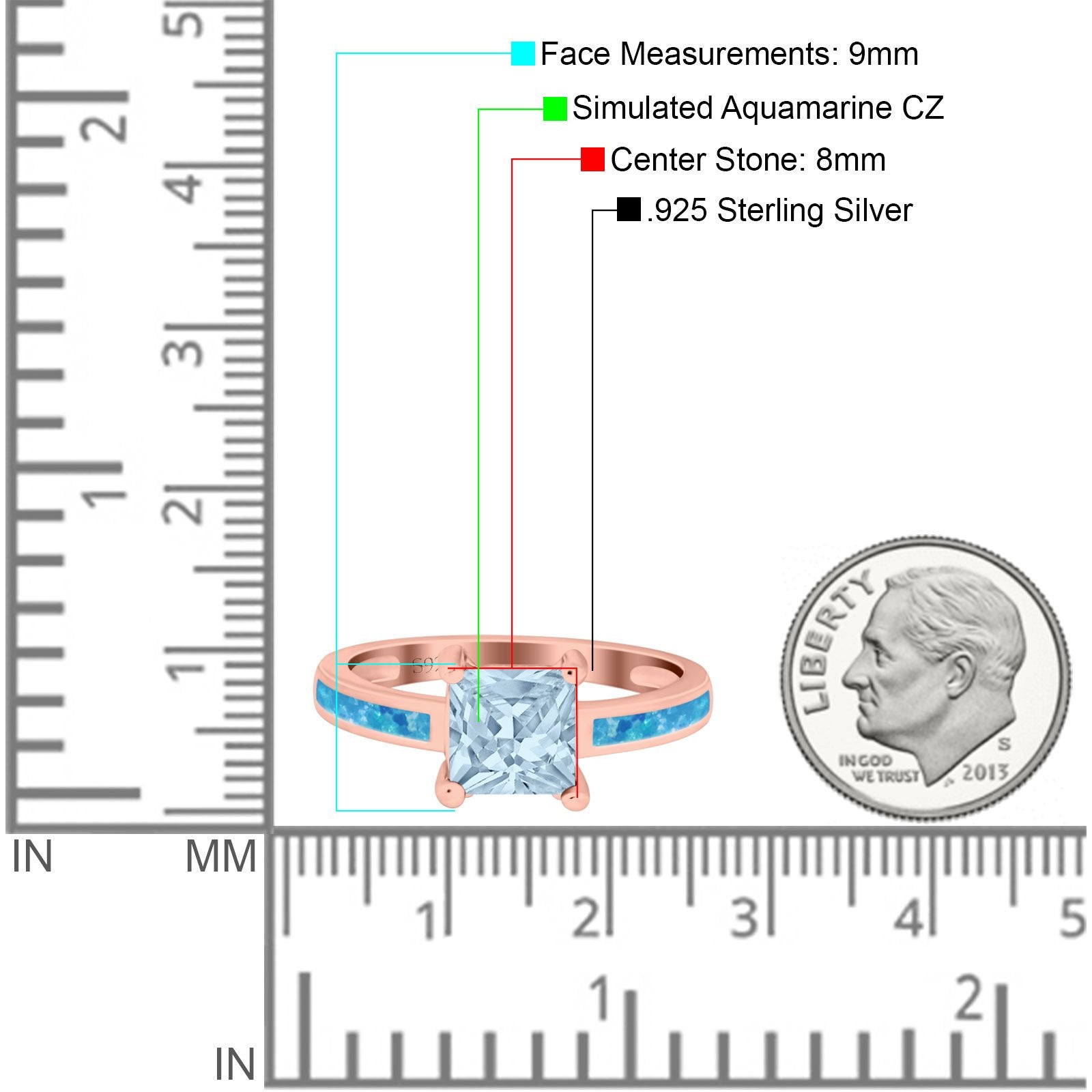 Solitaire Accent Fashion Ring Princess Cut Simulated Cubic Zirconia Created Opal 925 Sterling Silver