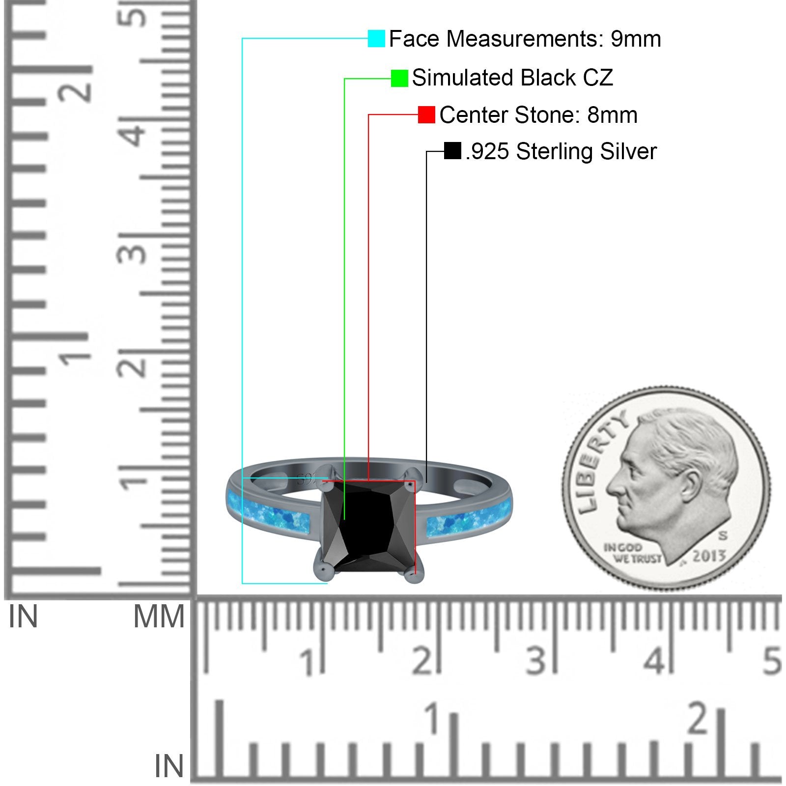 Solitaire Accent Fashion Ring Princess Cut Simulated Cubic Zirconia Created Opal 925 Sterling Silver