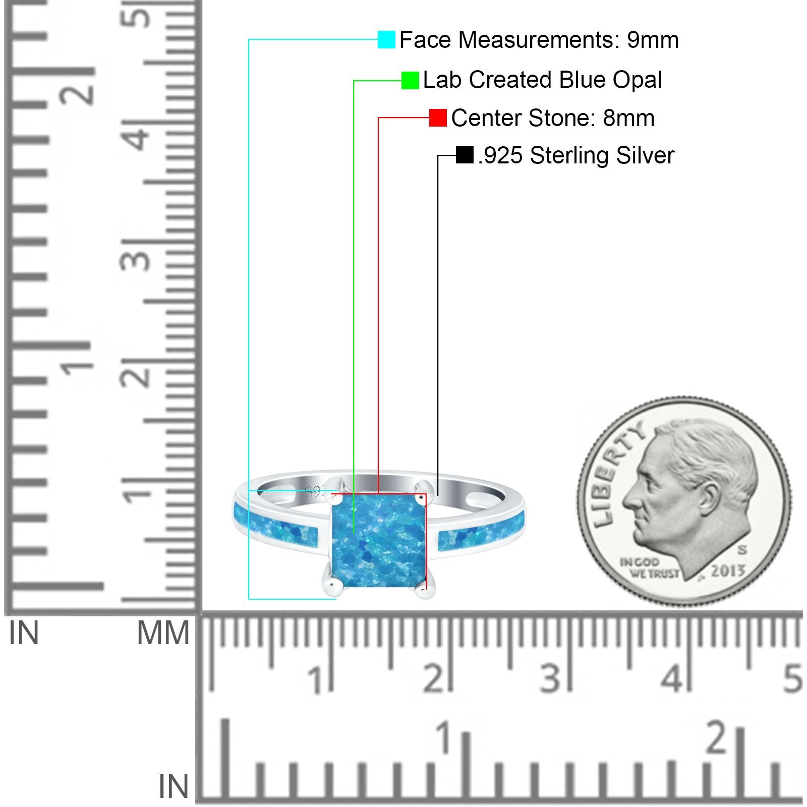 Solitaire Accent Fashion Ring Princess Cut Simulated Cubic Zirconia Created Opal 925 Sterling Silver