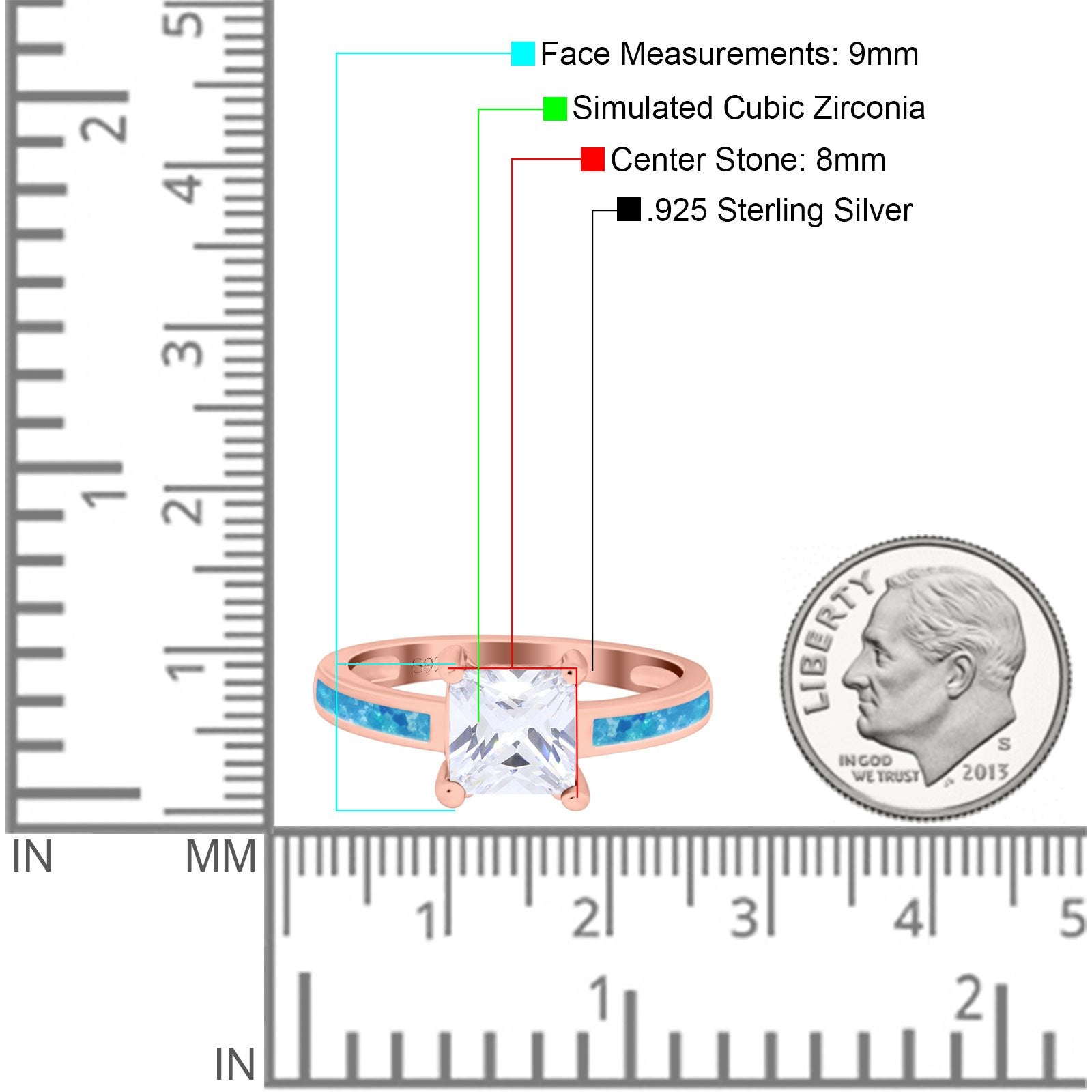 Solitaire Accent Fashion Ring Princess Cut Simulated Cubic Zirconia Created Opal 925 Sterling Silver