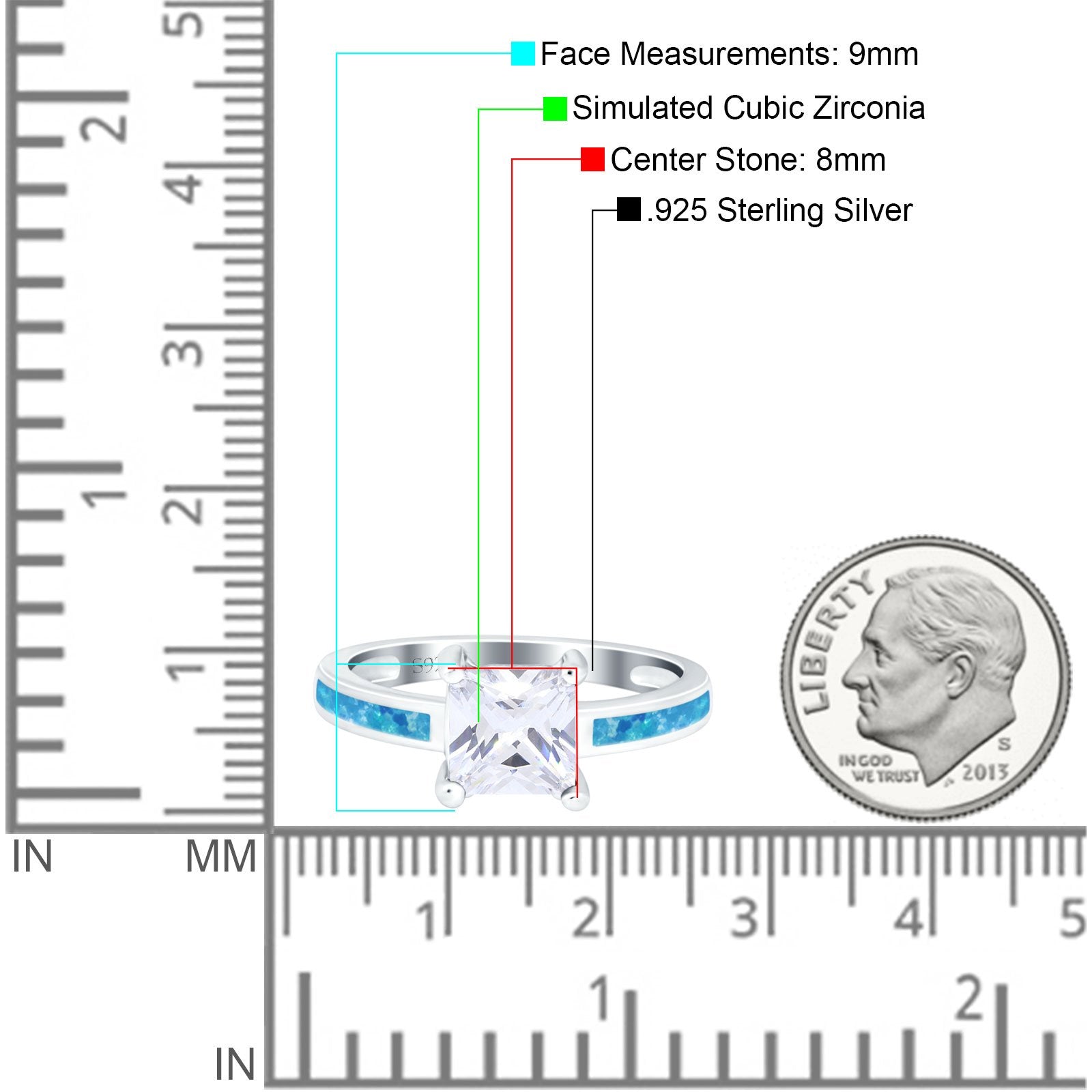 Solitaire Accent Fashion Ring Princess Cut Simulated Cubic Zirconia Created Opal 925 Sterling Silver