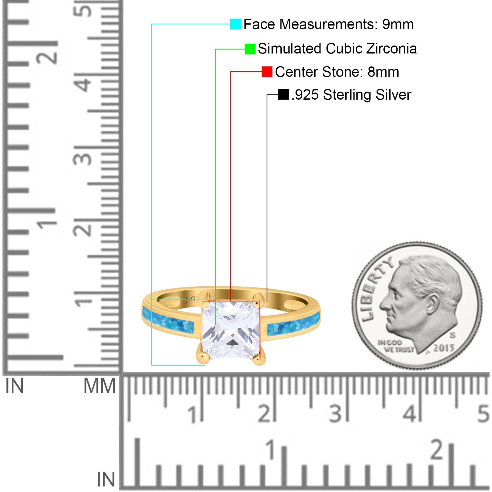 Solitaire Accent Fashion Ring Princess Cut Simulated Cubic Zirconia Created Opal 925 Sterling Silver